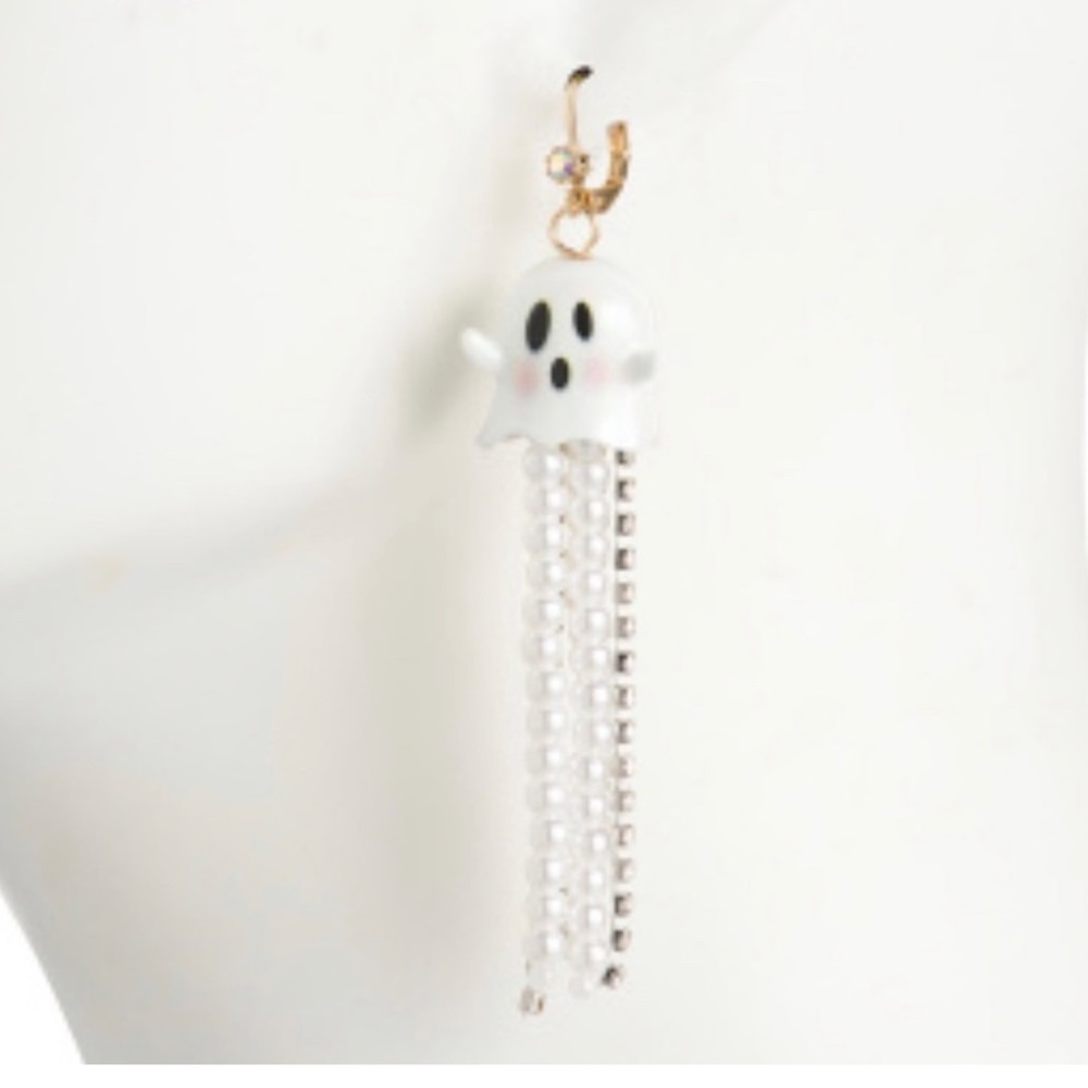 Betsey Johnson Ghost Pearl Rhinestone Earrings NEW in Hallloween theme gift box - Picture 3 of 10
